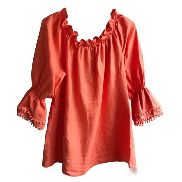 Paris Susan Sutherland Linen Blouse XL Coral Embroidered - Picture 14 of 16